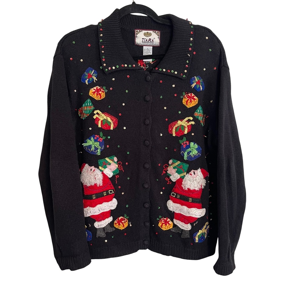 Tiara International Vintage 2002 Christmas Santa Cardigan Sweater Black Large